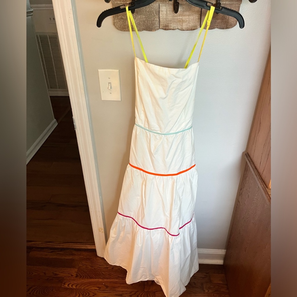 White Multi Tiered Midi Dress with Neon Piping, Size Medium. EUC
